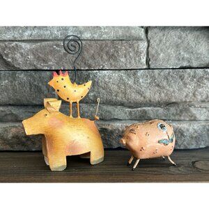 Rustic Handmade Pig & Cow With Chicken Figurines Whimsical Farm Animal Decor Fol